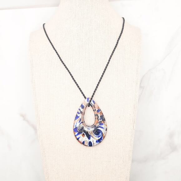 Murano /Venetian inspired glass metallic blue, silver & copper tear drop pendant - Picture 2 of 7
